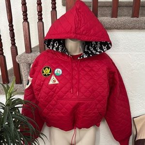 DESIGUAL Women’s Red Quilted Hoodie with patches Cropped Lightweight Size S NWT